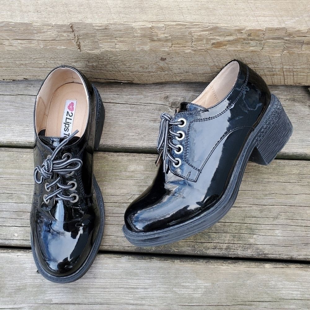 Vintage 90s y2k 2 Lips Too Max Black Faux Patent Leather Chunky Heel Oxfords‎ 11